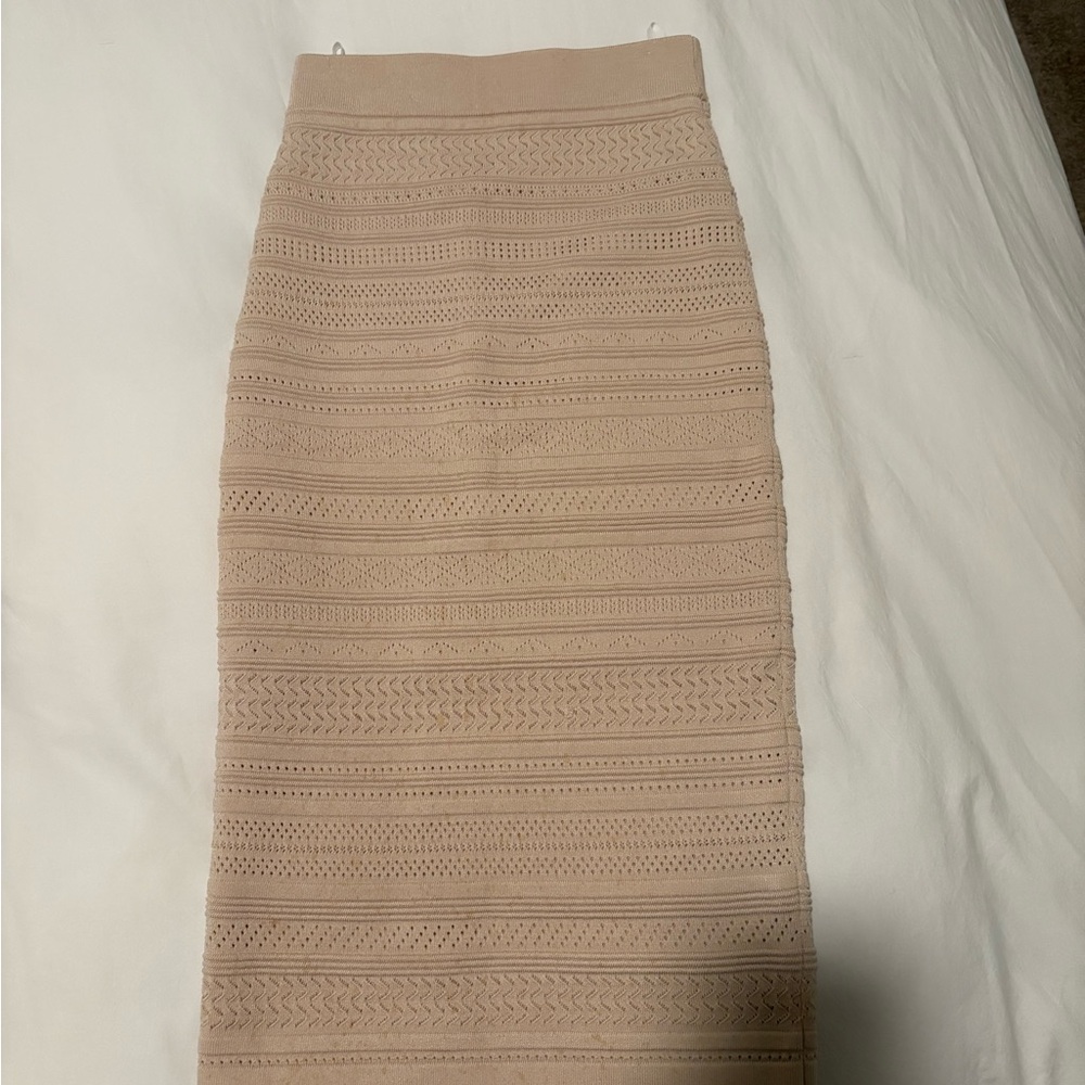 Babaton Tan Ribbed Midi Pencil Skirt